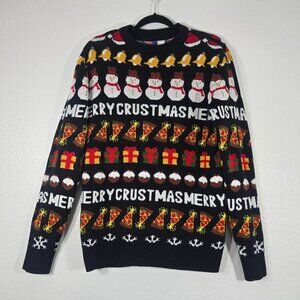 H&M Divided Ugly Christmas Sweater Merry Crustmas Men Size Small Pizza Snowman